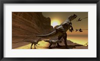 Mother Allosaurus observes Archaeopteryx birds at sunset Fine Art Print