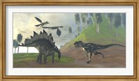 An Allosaurus attacks an unaware Stegosaurus dinosaur Fine Art Print