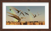A flock of Pterodactyls fly out of a canyon Fine Art Print