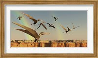 A flock of Pterodactyls fly out of a canyon Fine Art Print