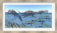 Two Suchomimus dinosaurs hunting small sharks Fine Art Print