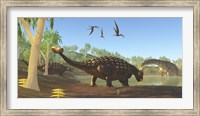 Ankylosaurus dinosaurs drink from a swamp along with an Argentinosaurus Fine Art Print