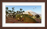 A family of Saber Toothed Tigers watch a herd of Woolly Mammoths Fine Art Print