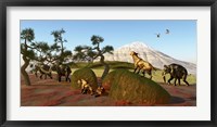 A family of Saber Toothed Tigers watch a herd of Woolly Mammoths Fine Art Print