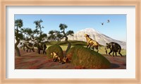 A family of Saber Toothed Tigers watch a herd of Woolly Mammoths Fine Art Print