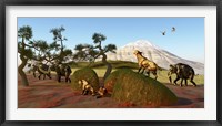 A family of Saber Toothed Tigers watch a herd of Woolly Mammoths Fine Art Print