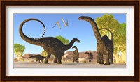 Herd of Apatosaurus dinosaurs wander through a prehistoric forest Fine Art Print