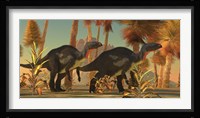 Camptosaurus dinosaurs wander through a prehistoric jungle Fine Art Print