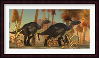 Camptosaurus dinosaurs wander through a prehistoric jungle Fine Art Print