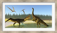 A Kaprosuchus reptile confronts an Agustinia dinosaur Fine Art Print