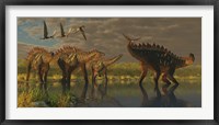 A Miragaia dinosaur bellows in protest as others try to join him in the marsh Fine Art Print