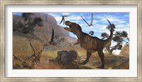 Tyrannosaurus Rex attempts to eat his Triceratops kill while Pteranodons harass him Fine Art Print