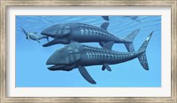Leedsichthys fish about to swallow an Ichthyosaurus marine reptile Fine Art Print