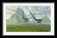 Diplodocus dinosaurs walk together in the afternoon in the prehistoric age Fine Art Print