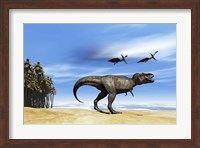 Pterodactyls fly over a beastly Tyrannosaurus Rex Fine Art Print