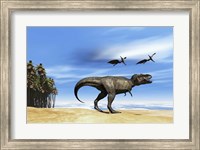 Pterodactyls fly over a beastly Tyrannosaurus Rex Fine Art Print