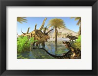 Two Dilong dinosaurs guard their nest from a Coahuilaceratops Fine Art Print
