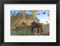 Zuniceratops dinosaurs drinking water from a river Fine Art Print