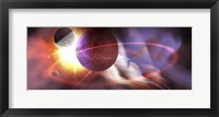 Solar flares radiate from a huge sun near a planet and its orbiting moons Fine Art Print