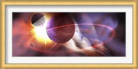 Solar flares radiate from a huge sun near a planet and its orbiting moons Fine Art Print