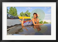 1940's style pin-up girl with parasol on a vintage P-51 Mustang Fine Art Print
