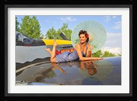 1940's style pin-up girl with parasol on a vintage P-51 Mustang Fine Art Print