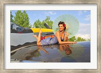 1940's style pin-up girl with parasol on a vintage P-51 Mustang Fine Art Print