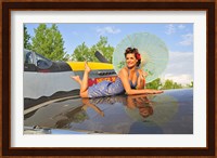 1940's style pin-up girl with parasol on a vintage P-51 Mustang Fine Art Print