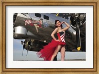 Beautiful 1940's style pin-up girl standing under a B-17 bomber Fine Art Print