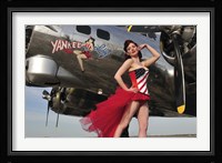 Beautiful 1940's style pin-up girl standing under a B-17 bomber Fine Art Print