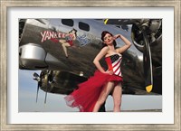 Beautiful 1940's style pin-up girl standing under a B-17 bomber Fine Art Print