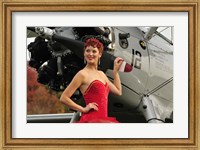 Redhead pin-up girl in 1940's style dancer attire holding on to a vintage aircraft propeller Fine Art Print