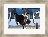 1940's style pin-up girl in cocktail dress posing in front of a TBM Avenger Fine Art Print