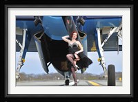 1940's style pin-up girl in cocktail dress posing in front of a TBM Avenger Fine Art Print