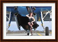 1940's style pin-up girl in cocktail dress posing in front of a TBM Avenger Fine Art Print