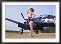 1940's Navy pin-up girl posing with a vintage Corsair aircraft Framed Print