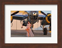 Sexy 1940's pin-up girl in lingerie posing with a B-25 bomber Fine Art Print