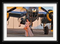 Sexy 1940's pin-up girl in lingerie posing with a B-25 bomber Fine Art Print