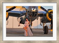 Sexy 1940's pin-up girl in lingerie posing with a B-25 bomber Fine Art Print