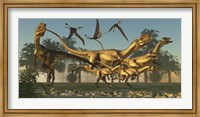 A pack of Dilophosaurus dinosaurs hunting for prey Fine Art Print