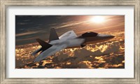 An F-22 fighter jet flies at an altitude above the cloud layer on its mission Fine Art Print