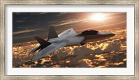 An F-22 fighter jet flies at an altitude above the cloud layer on its mission Fine Art Print