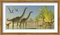 Deinocheirus dinosaurs watch a group of Argentinosaurus walk through shallow waters Fine Art Print