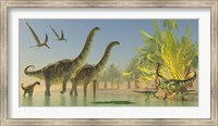 Deinocheirus dinosaurs watch a group of Argentinosaurus walk through shallow waters Fine Art Print