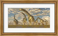 Hypsilophodon and pteranodon dinosaurs accompany a herd of Argentinosaurus Fine Art Print