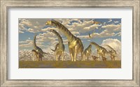 Hypsilophodon and pteranodon dinosaurs accompany a herd of Argentinosaurus Fine Art Print