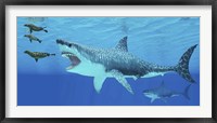 Seals race to get away from a giant Megalodon shark Fine Art Print