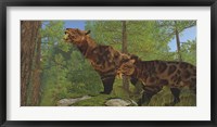 Two Saber-Toothed Cats search for prey in a pine forest Fine Art Print
