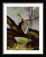 An Archaeopteryx on a log above a stream Fine Art Print