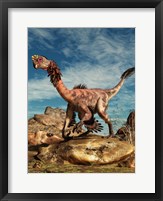 Citipati on a rock in an arid landscape Fine Art Print